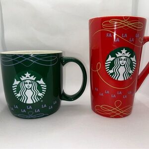 Starbucks 2020 Holiday FA LA LA Coffee Mugs Siren 18oz Green and 14oz Red w/ Lid